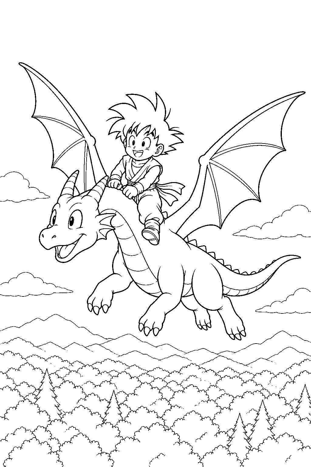 dragon ball z kid gohan riding icarus above the forest from the tree of might line art