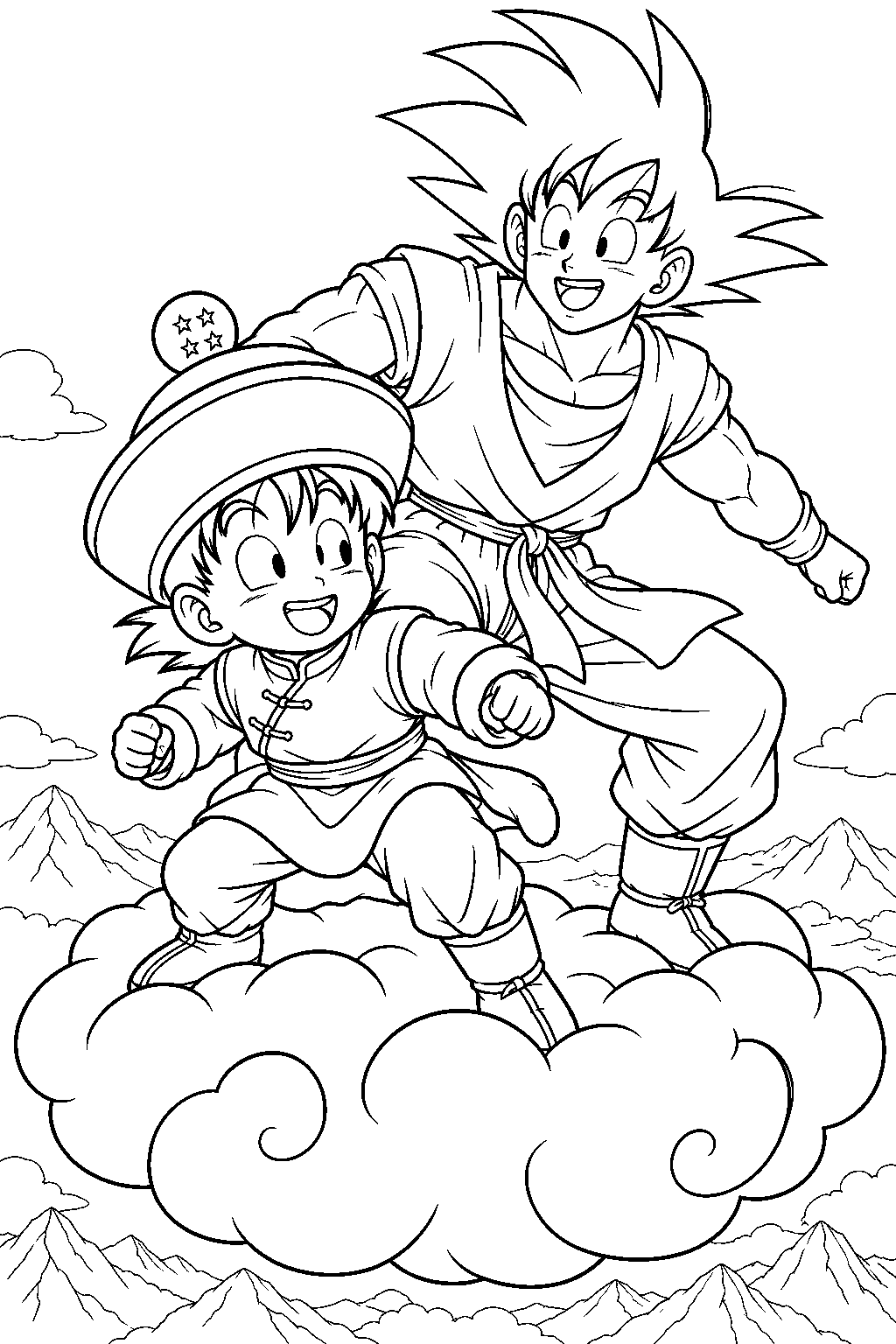 dragon ball z kid gohan riding the flying nimbus with goku above the mountains line art