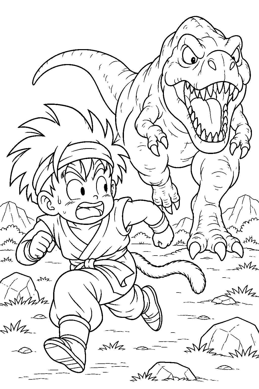 dragon ball z kid gohan running from a dinosaur during wilderness training line art