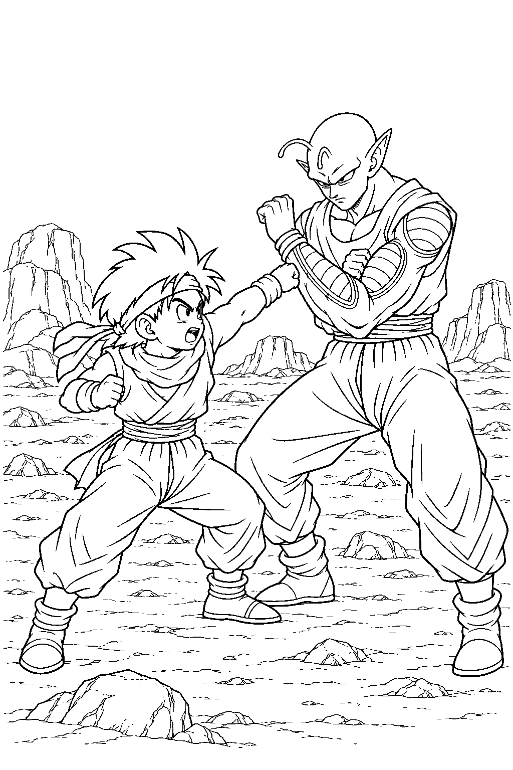 dragon ball z kid gohan sparring with piccolo in the rocky wasteland line art