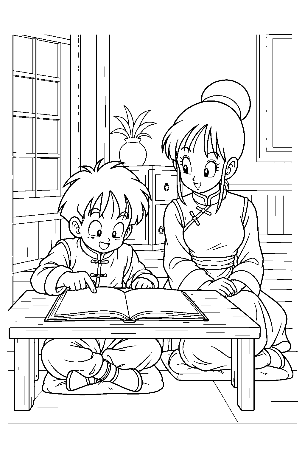 dragon ball z kid gohan studying an open book with chi chi at home line art
