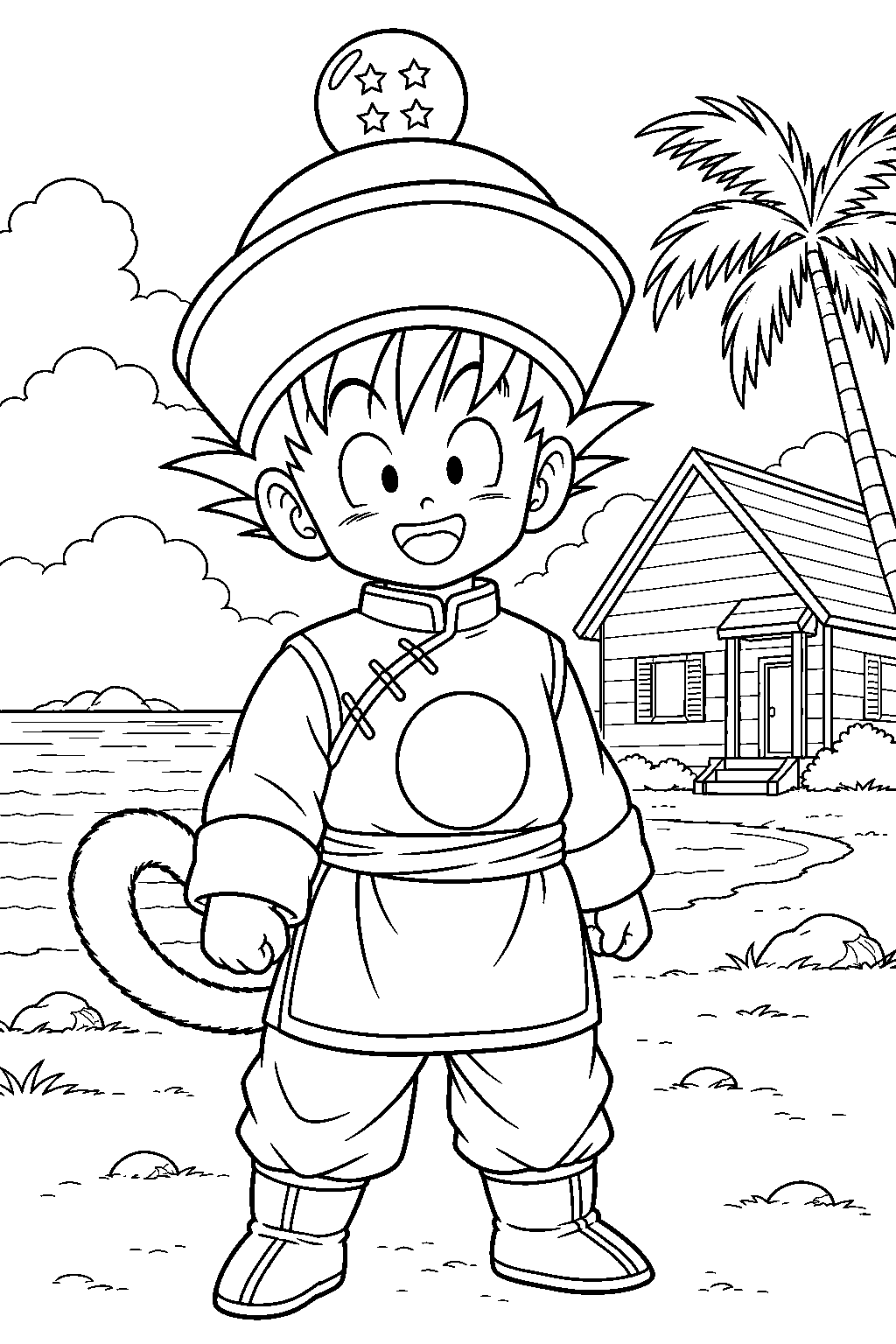 dragon ball z kid gohan wearing his four star dragon ball hat at kame house line art