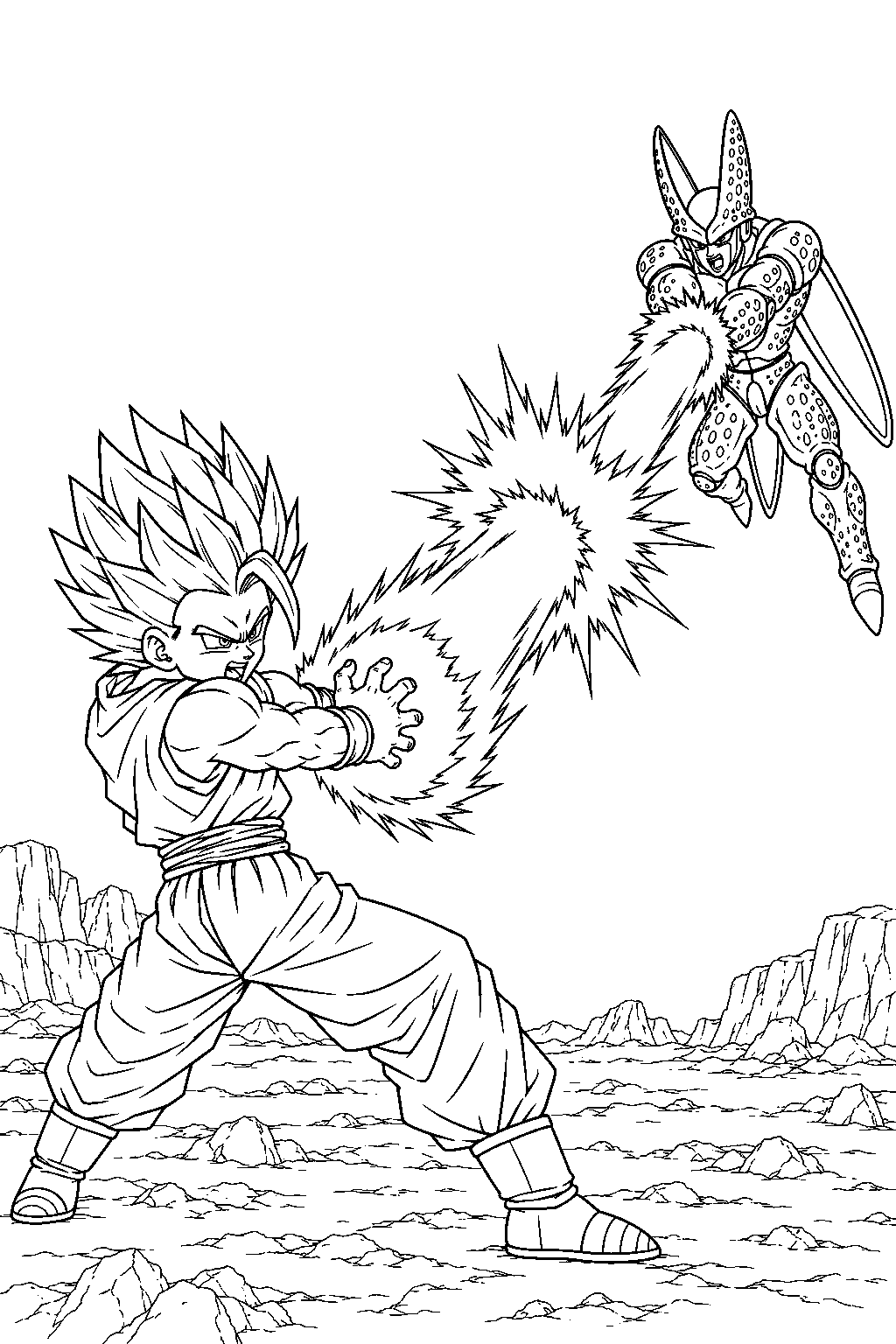 dragon ball z super saiyan 2 gohan firing a kamehameha against perfect cell s energy beam line art
