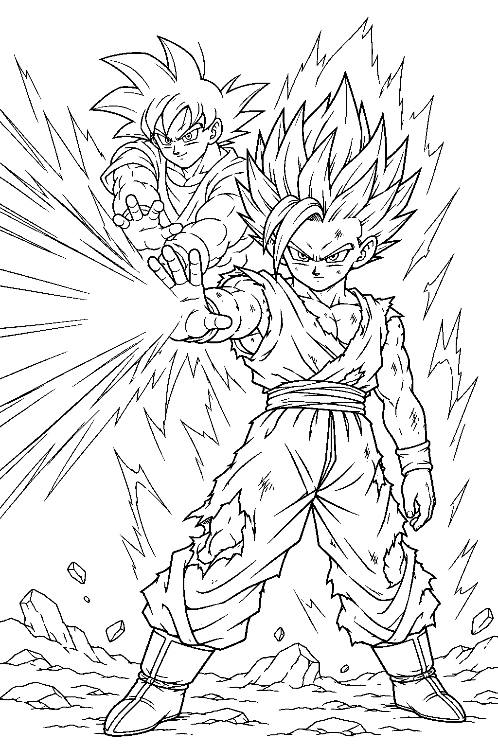dragon ball z super saiyan 2 gohan firing the father son kamehameha with his right hand his injured left arm at his side and goku s spirit behind him line art