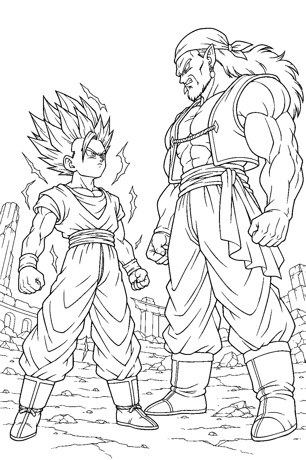 dragon ball z super saiyan 2 gohan wearing his goku style gi and confronting bojack line art