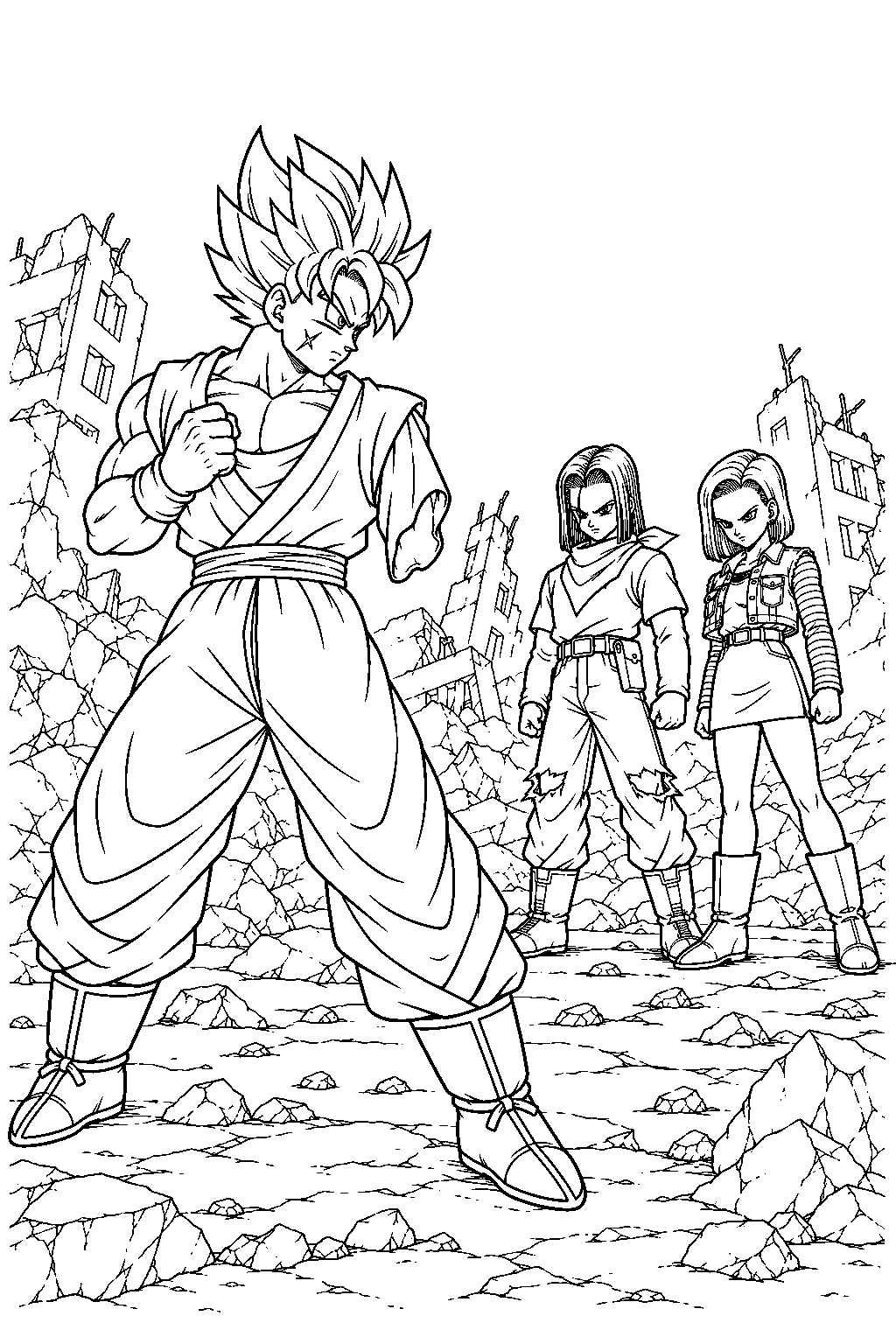 dragon ball z super saiyan future gohan with his empty left sleeve facing androids 17 and 18 line art