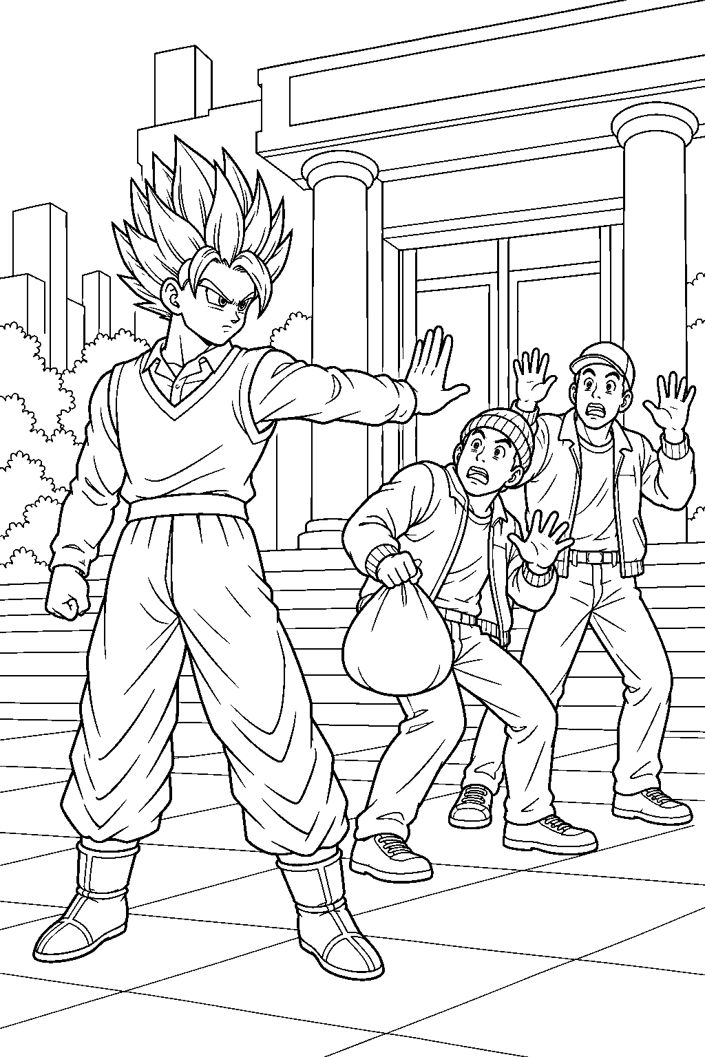 dragon ball z super saiyan gohan as the golden warrior stopping bank robbers in satan city line art