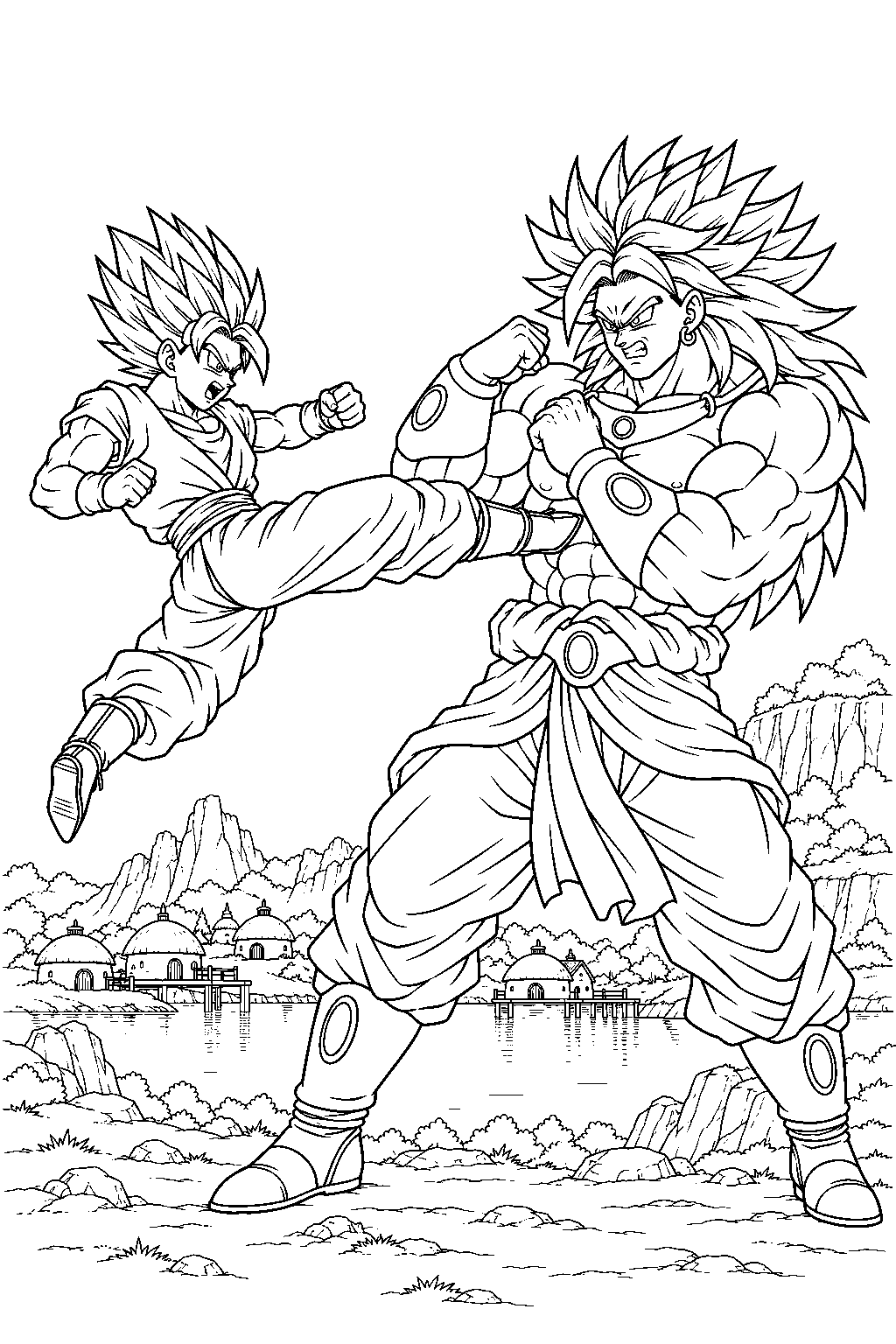 dragon ball z super saiyan gohan battling broly beside natade village line art