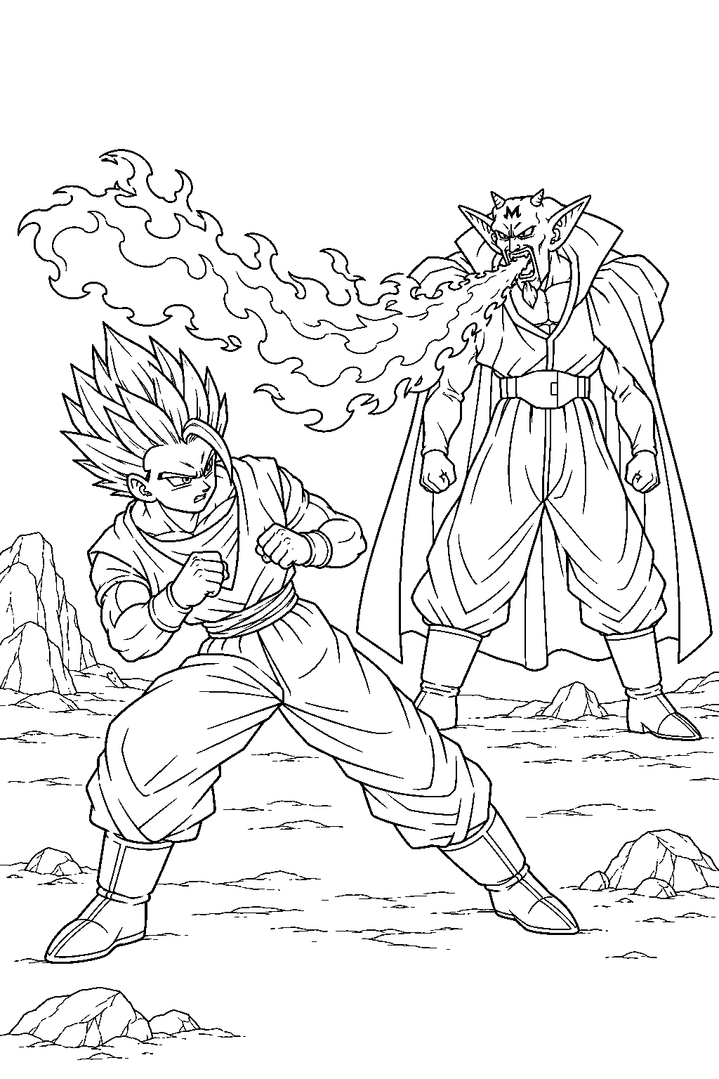 dragon ball z super saiyan gohan dodging dabura s fire breath line art