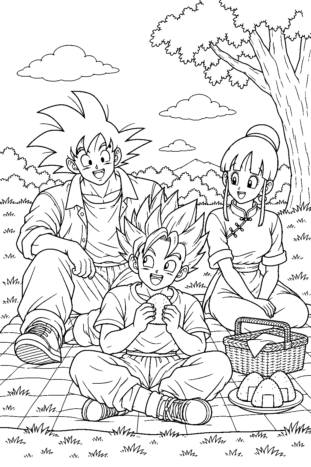 dragon ball z super saiyan gohan sharing a picnic with goku and chi chi line art