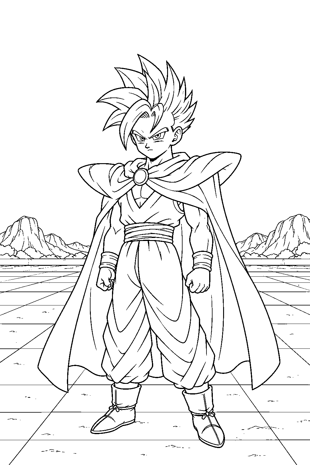 dragon ball z super saiyan gohan wearing piccolo s cape at the cell games line art