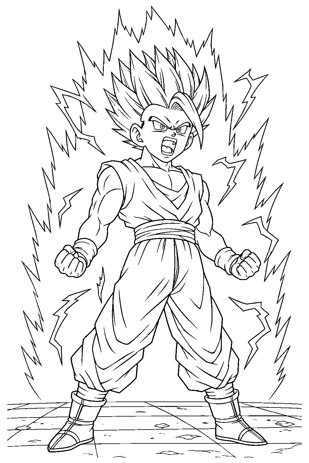 dragon ball z teen gohan transforming into super saiyan 2 with lightning around him line art
