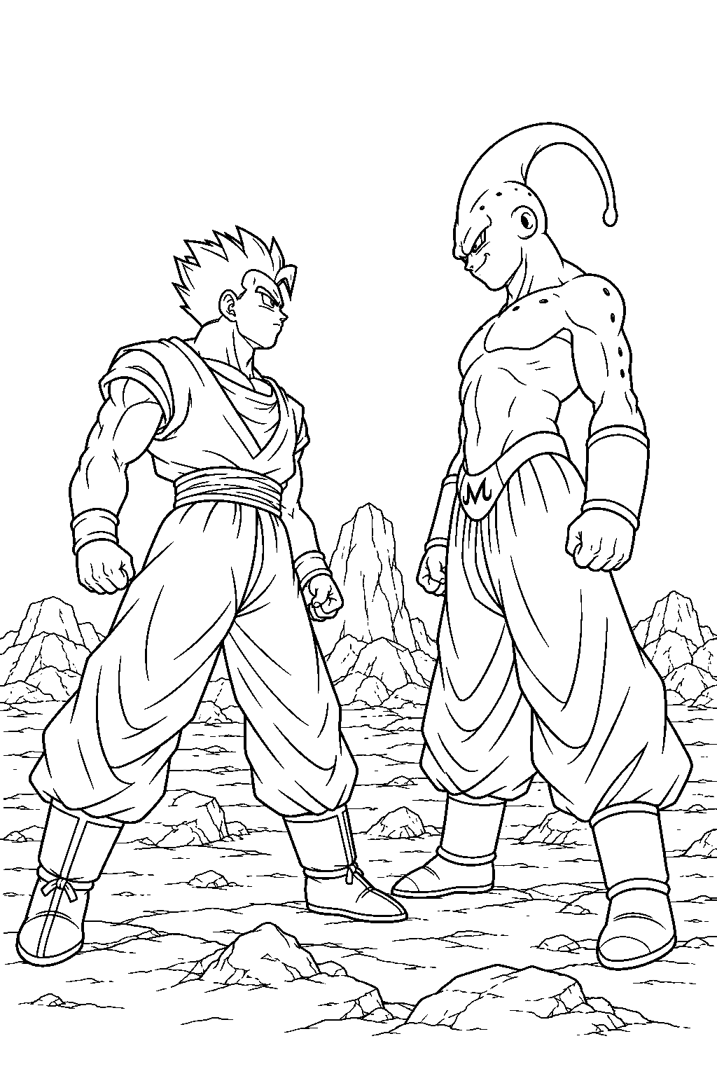 dragon ball z ultimate gohan facing super buu in a rocky wasteland line art