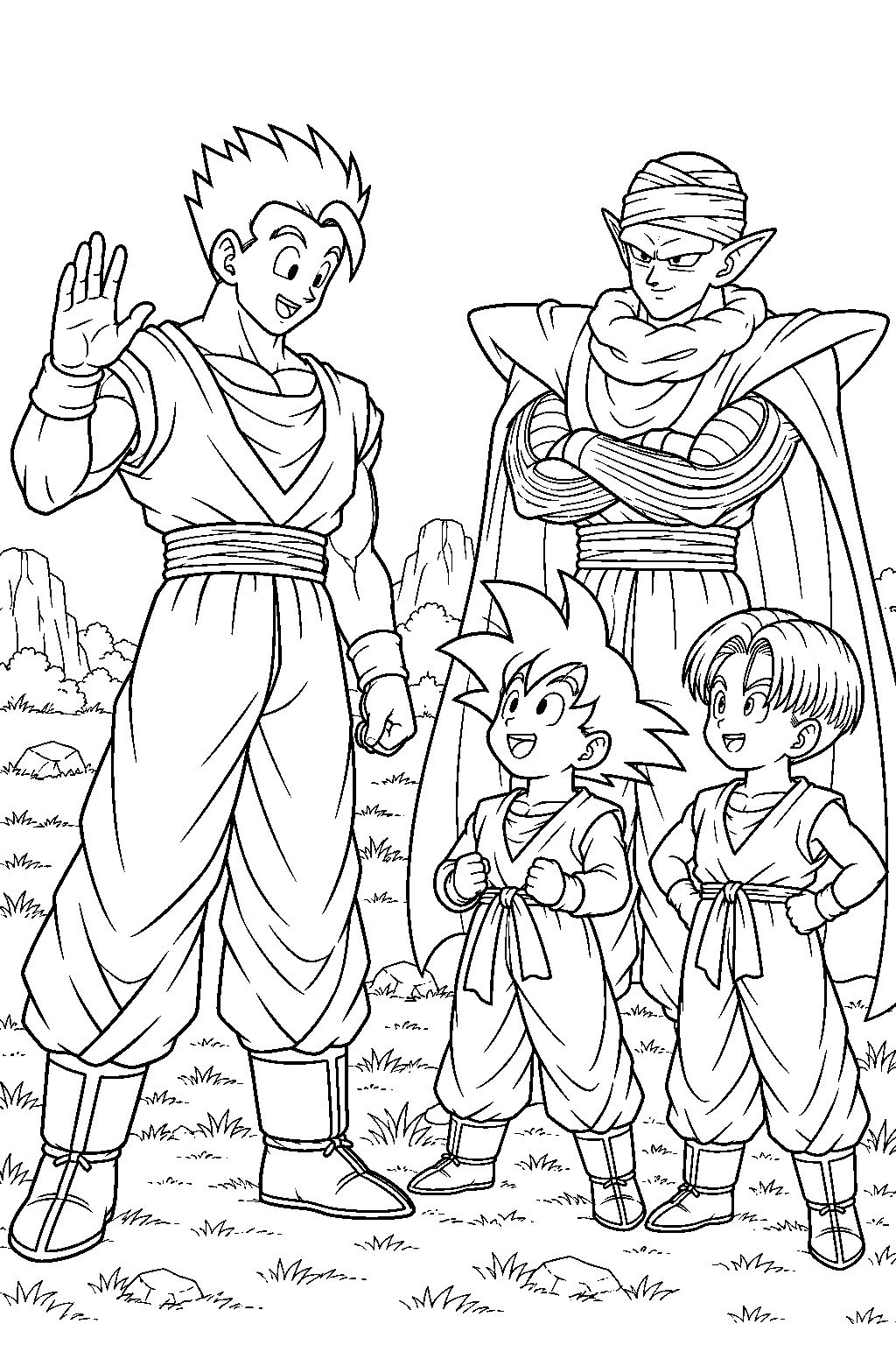 dragon ball z ultimate gohan greeting piccolo goten and trunks after returning to earth line art
