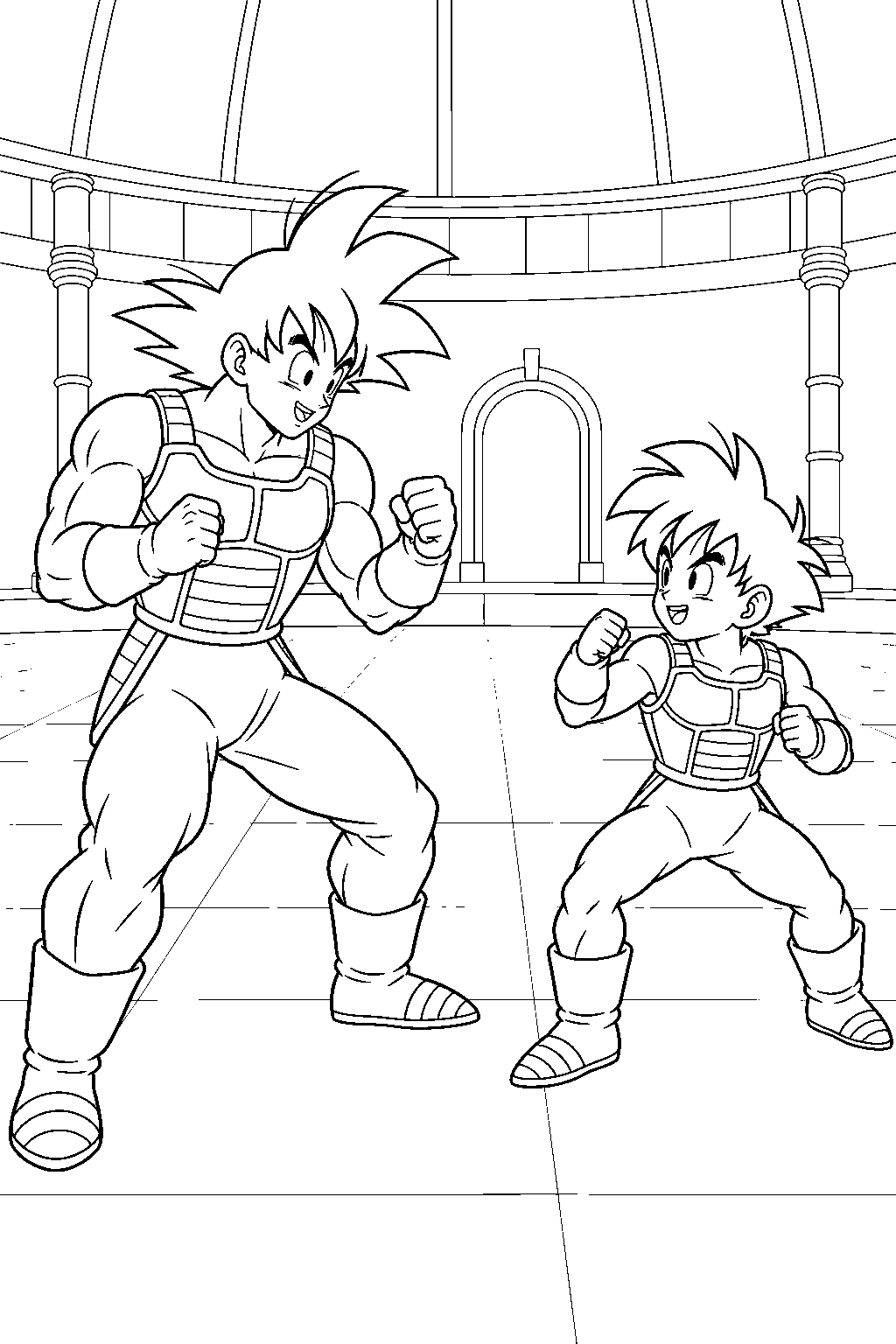 dragon ball z goku and gohan sparring in saiyan armor inside the hyperbolic time chamber line art