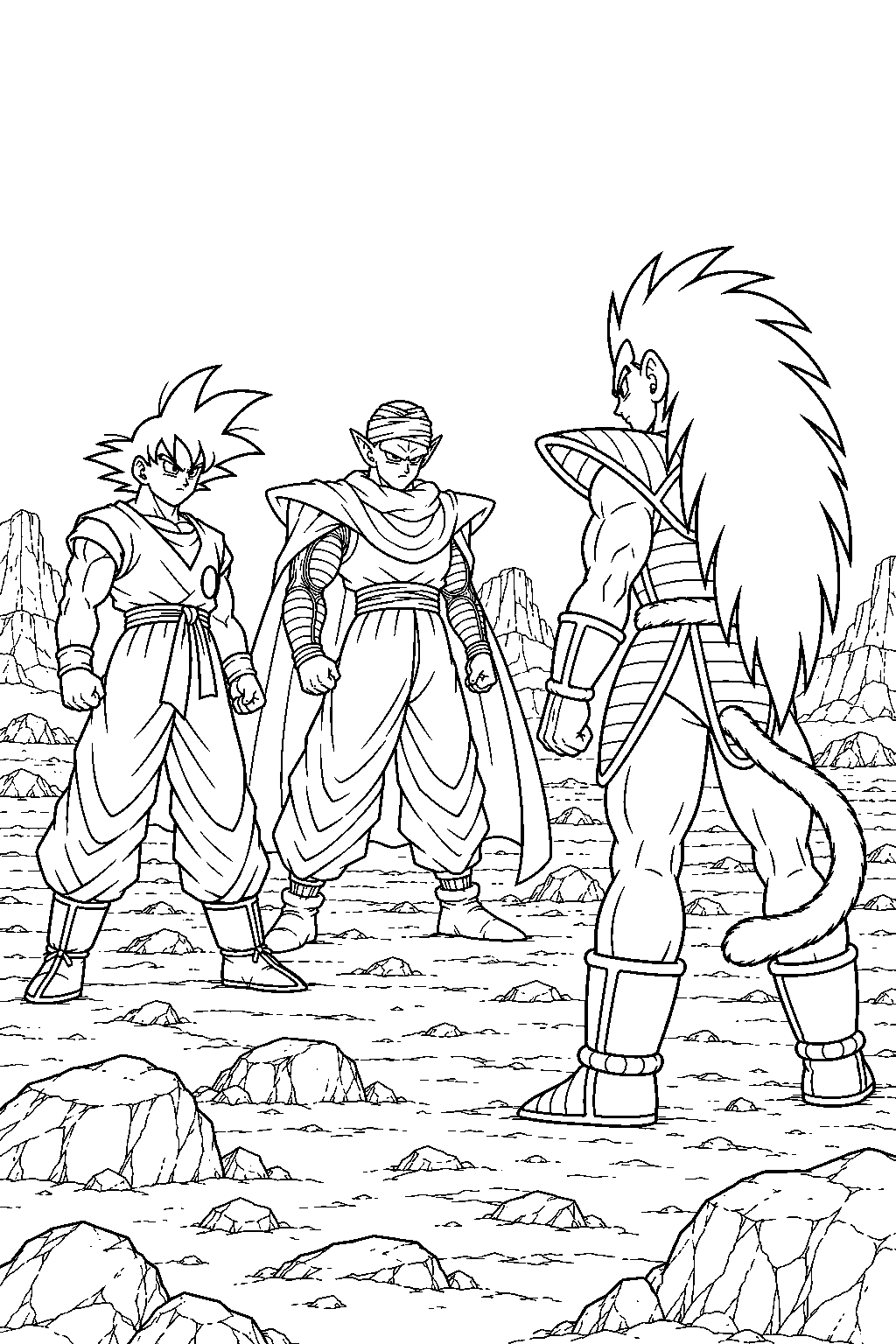 dragon ball z goku and piccolo confronting raditz in a rocky wasteland line art
