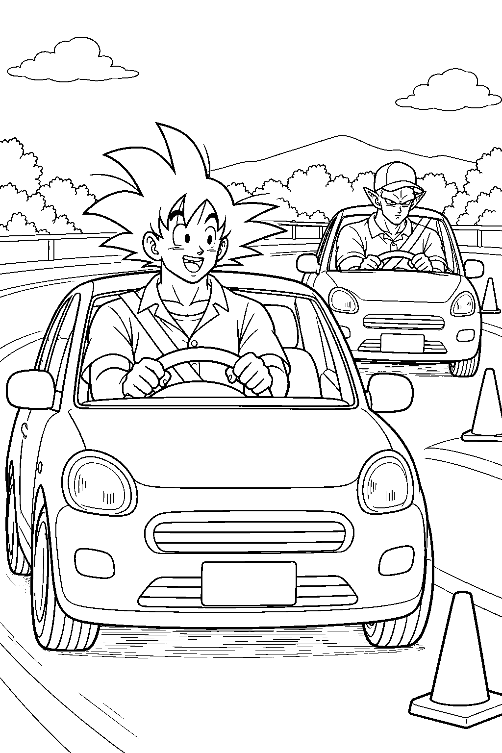 dragon ball z goku and piccolo taking driving lessons at a driving school line art