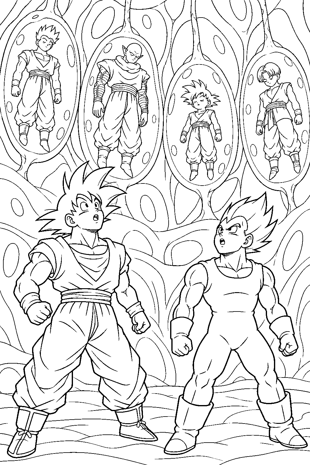 dragon ball z goku and vegeta finding their friends inside super buu s body line art
