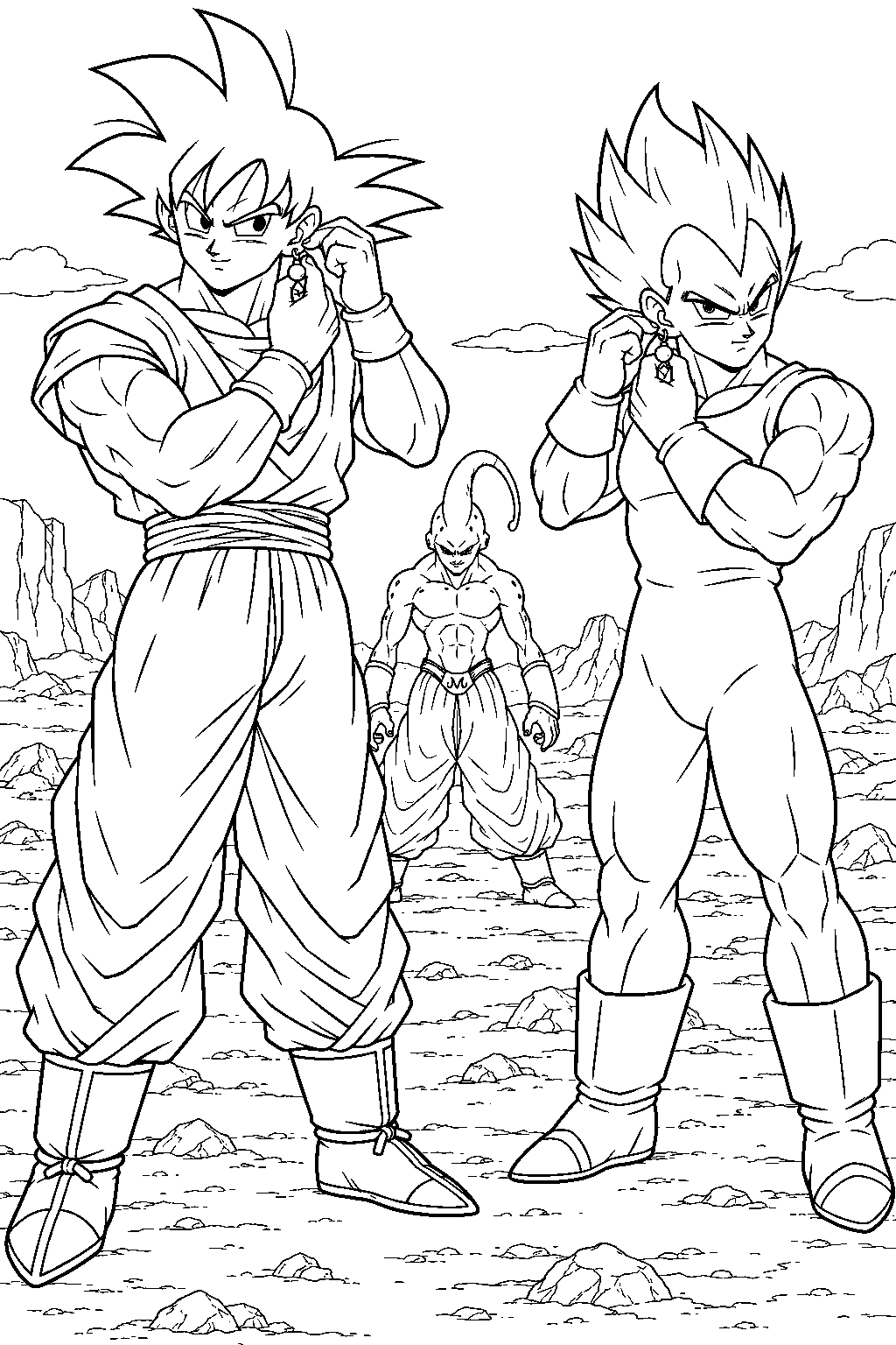 dragon ball z goku and vegeta putting on potara earrings before facing super buu line art