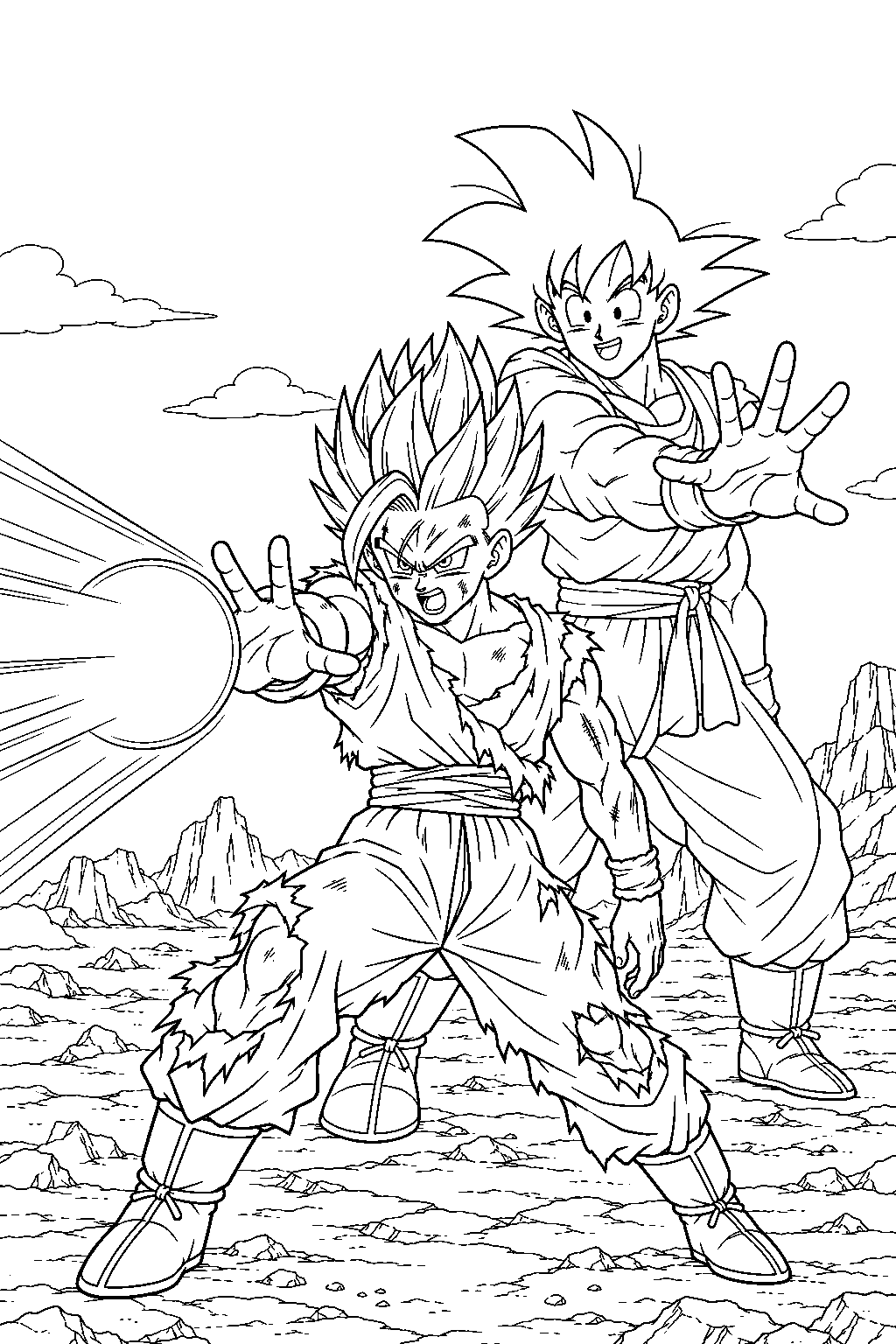 dragon ball z goku appearing in spirit behind gohan during the father son kamehameha line art