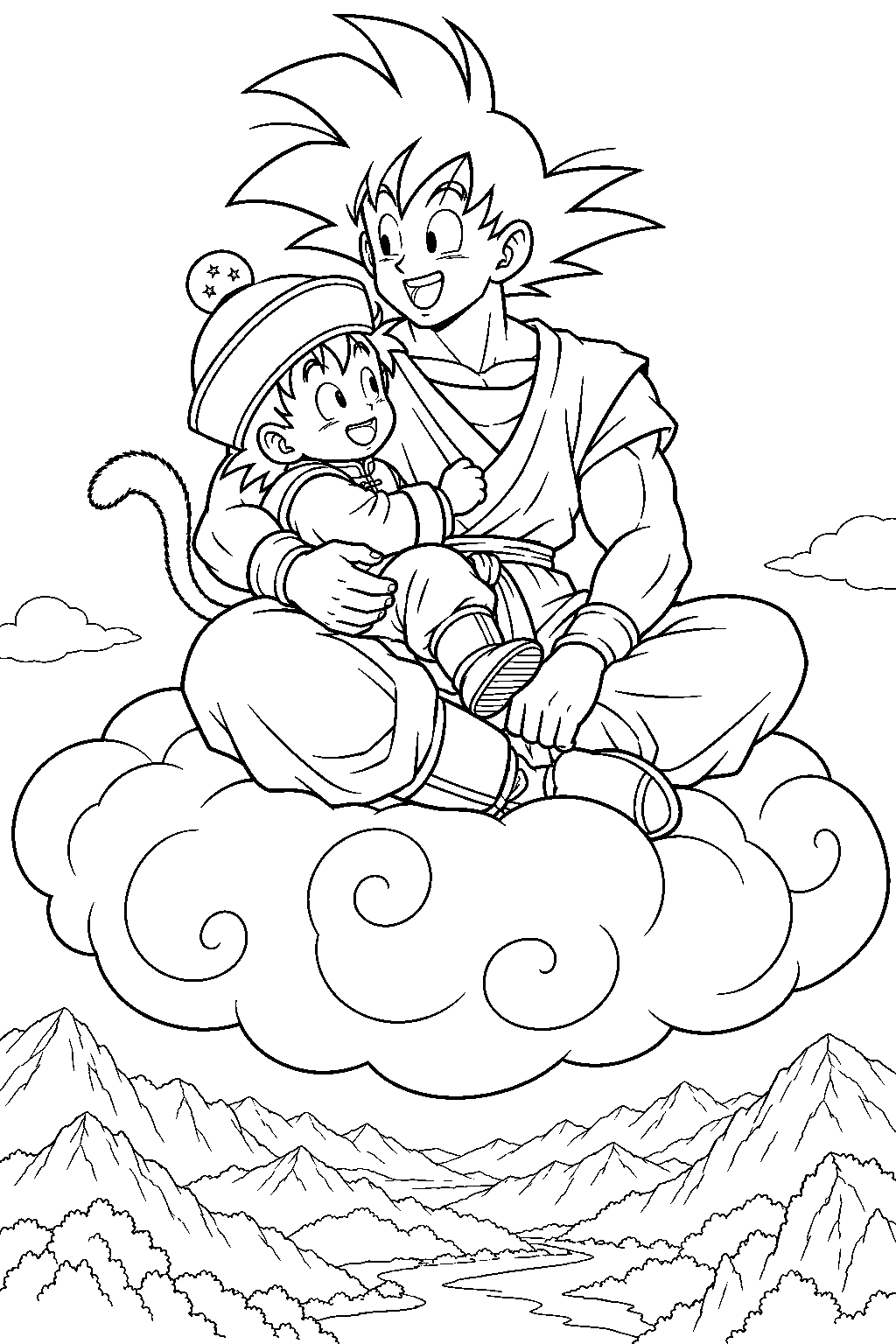 dragon ball z goku carrying young gohan on the flying nimbus above the mountains line art