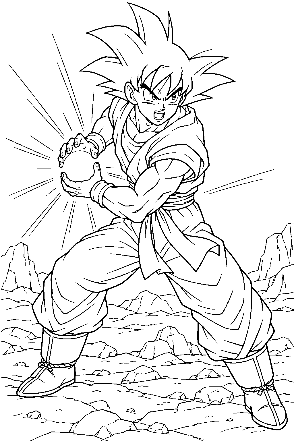 dragon ball z goku charging a kamehameha with his hands cupped beside his waist on a rocky battlefield line art