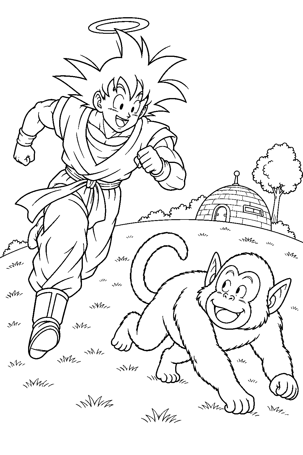 dragon ball z goku chasing bubbles around king kai s small planet line art