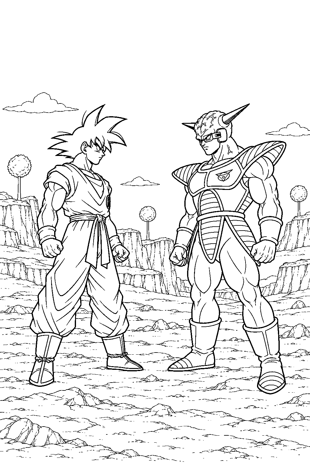 dragon ball z goku confronting captain ginyu on a rocky namekian plateau line art