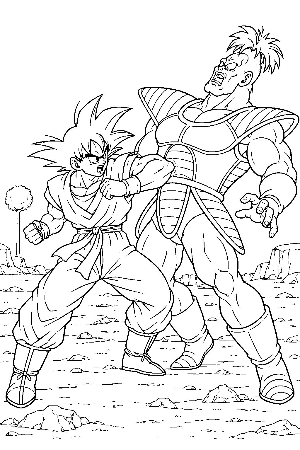 dragon ball z goku defeating recoome with an elbow strike on namek line art