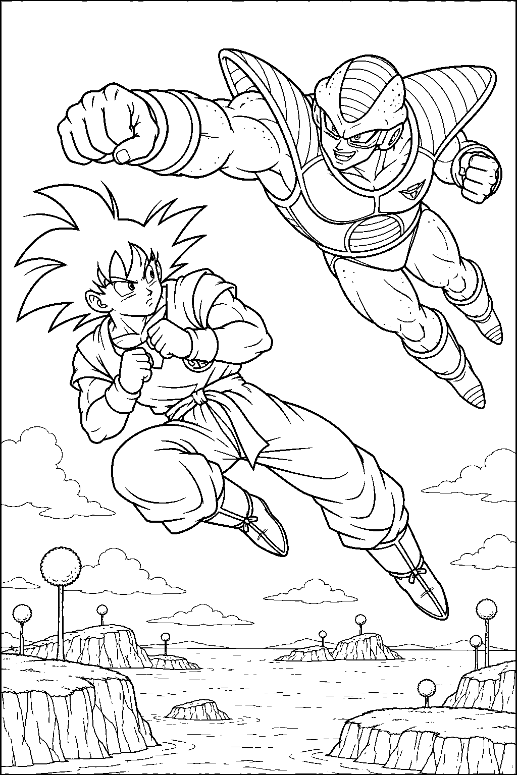 dragon ball z goku dodging burter s flying attack above the namekian islands line art