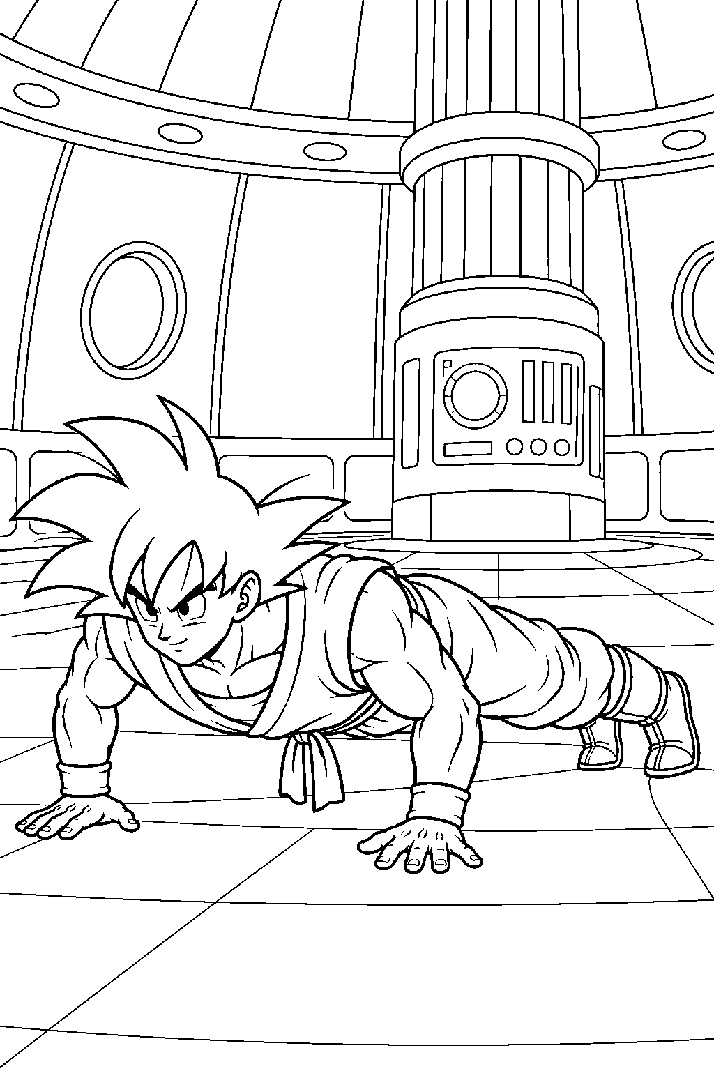 dragon ball z goku doing gravity training push ups inside his spaceship line art