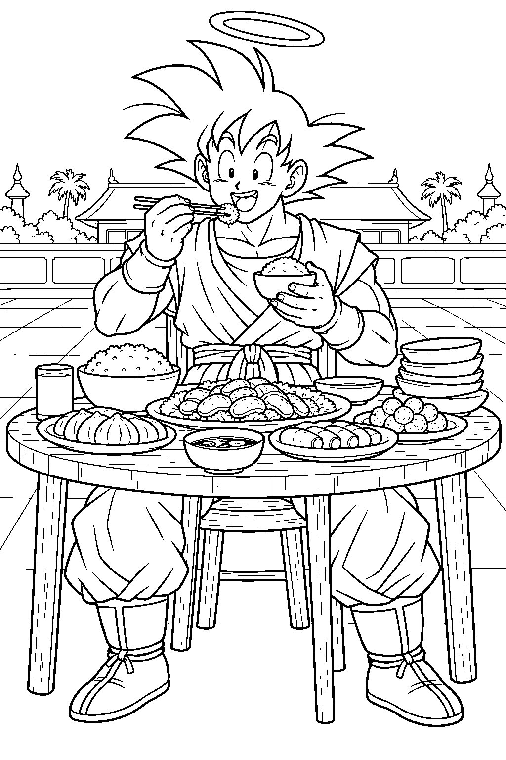 dragon ball z goku enjoying a large meal before the world martial arts tournament line art