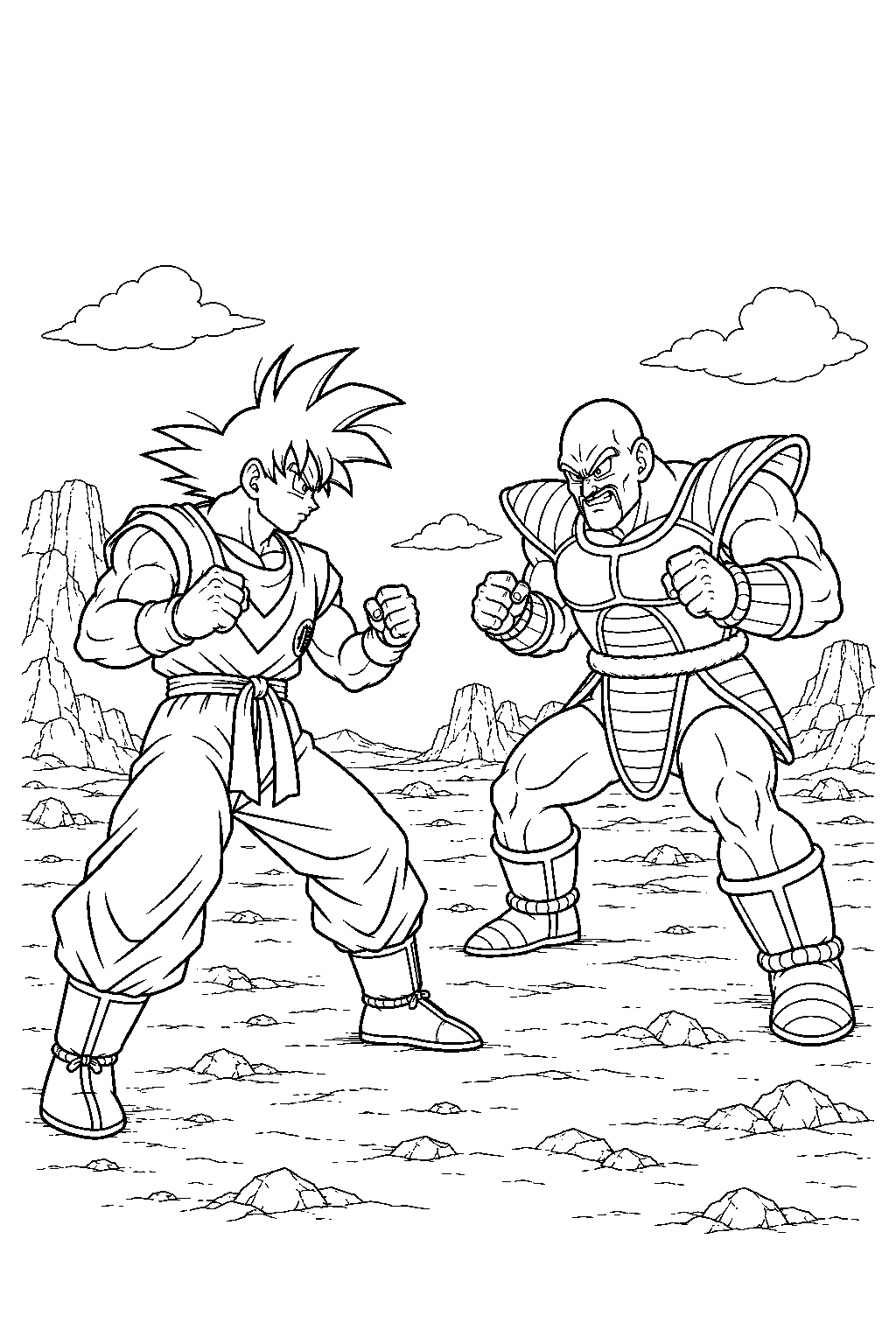 dragon ball z goku facing nappa with his fists raised on the saiyan battlefield line art