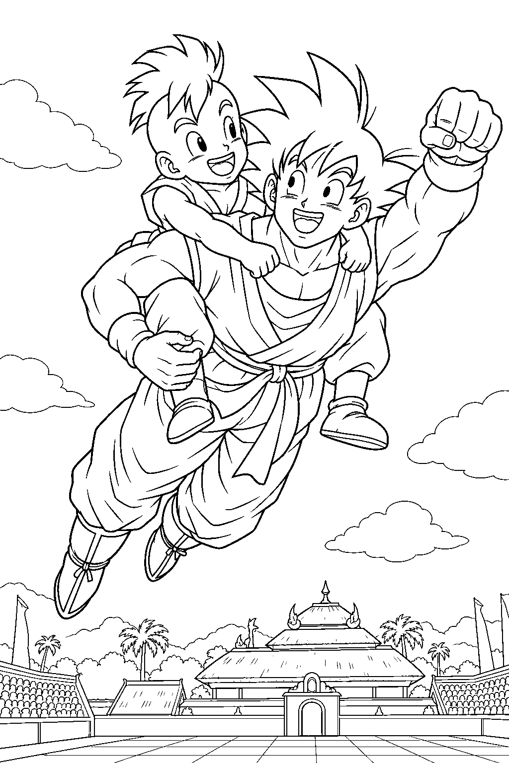 dragon ball z goku flying away from the world tournament with uub on his back line art