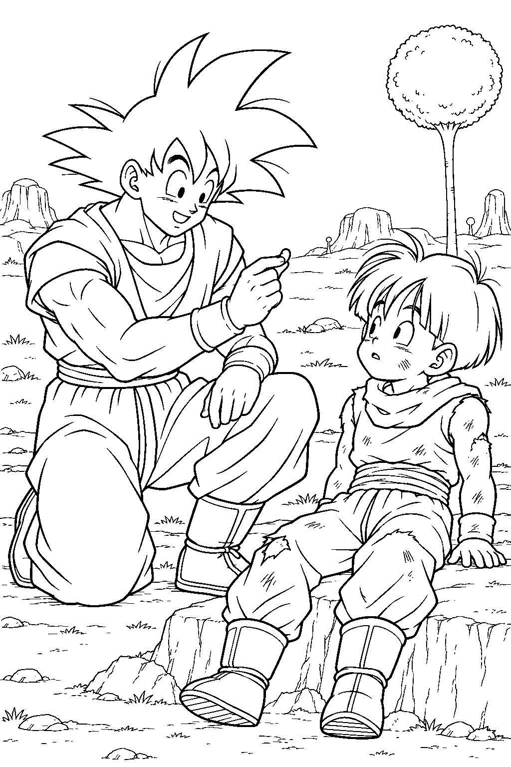 dragon ball z goku giving a senzu bean to injured gohan after arriving on namek line art