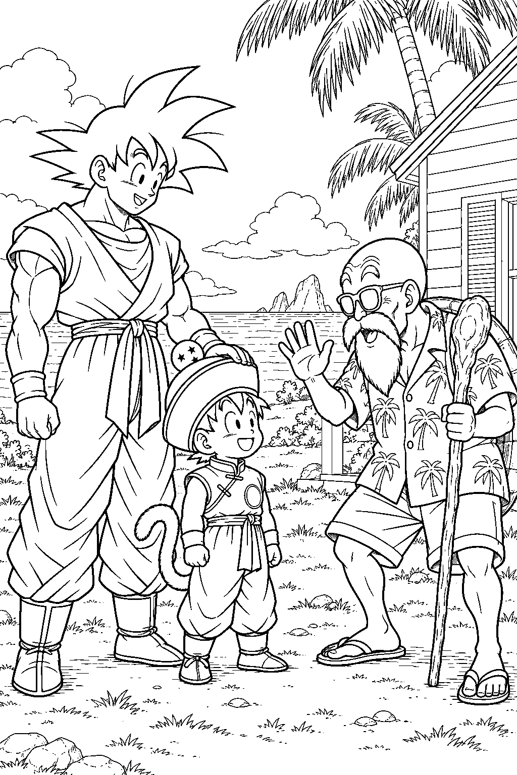 dragon ball z goku introducing young gohan to master roshi outside kame house line art