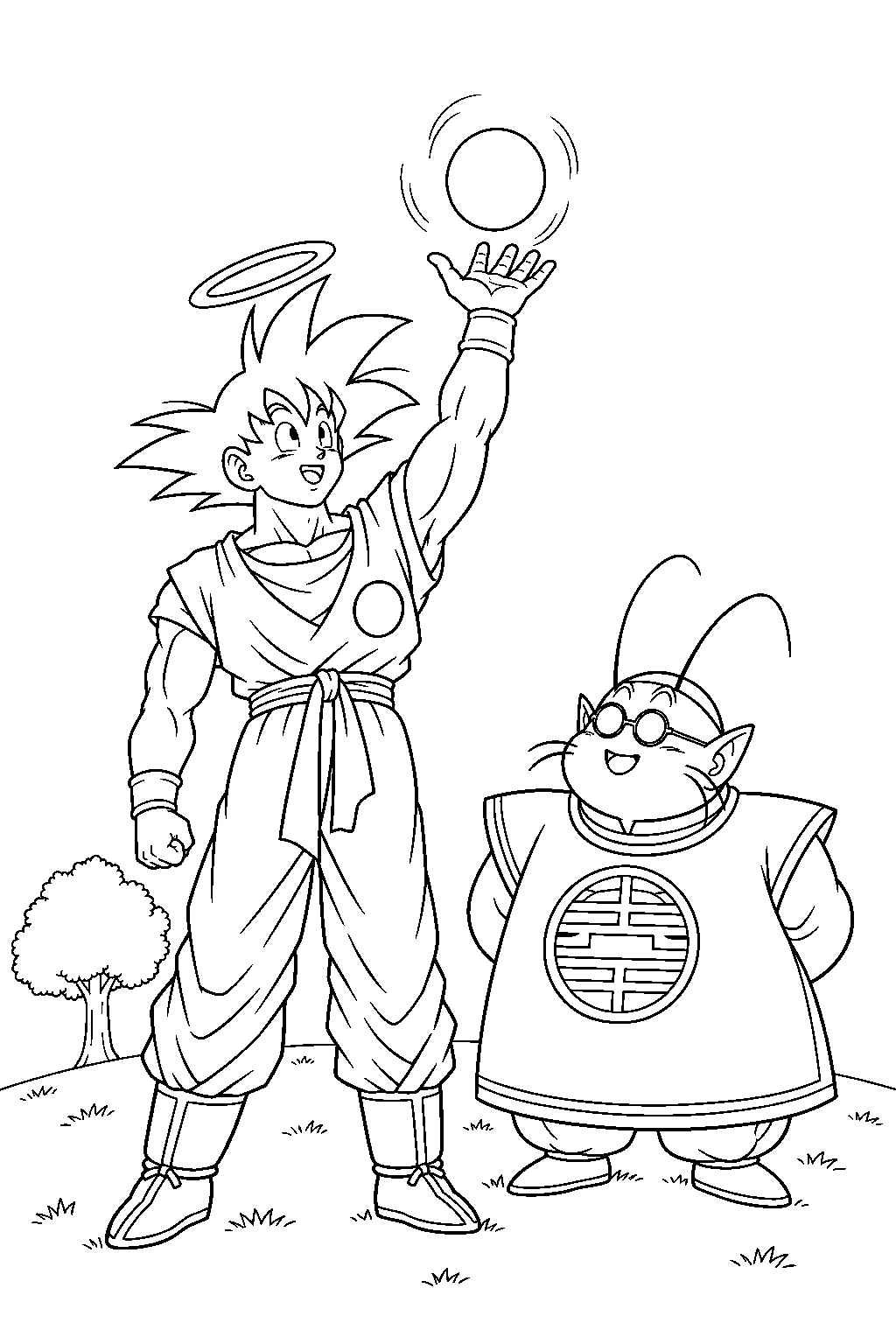 dragon ball z goku learning to gather a small spirit bomb beside king kai line art