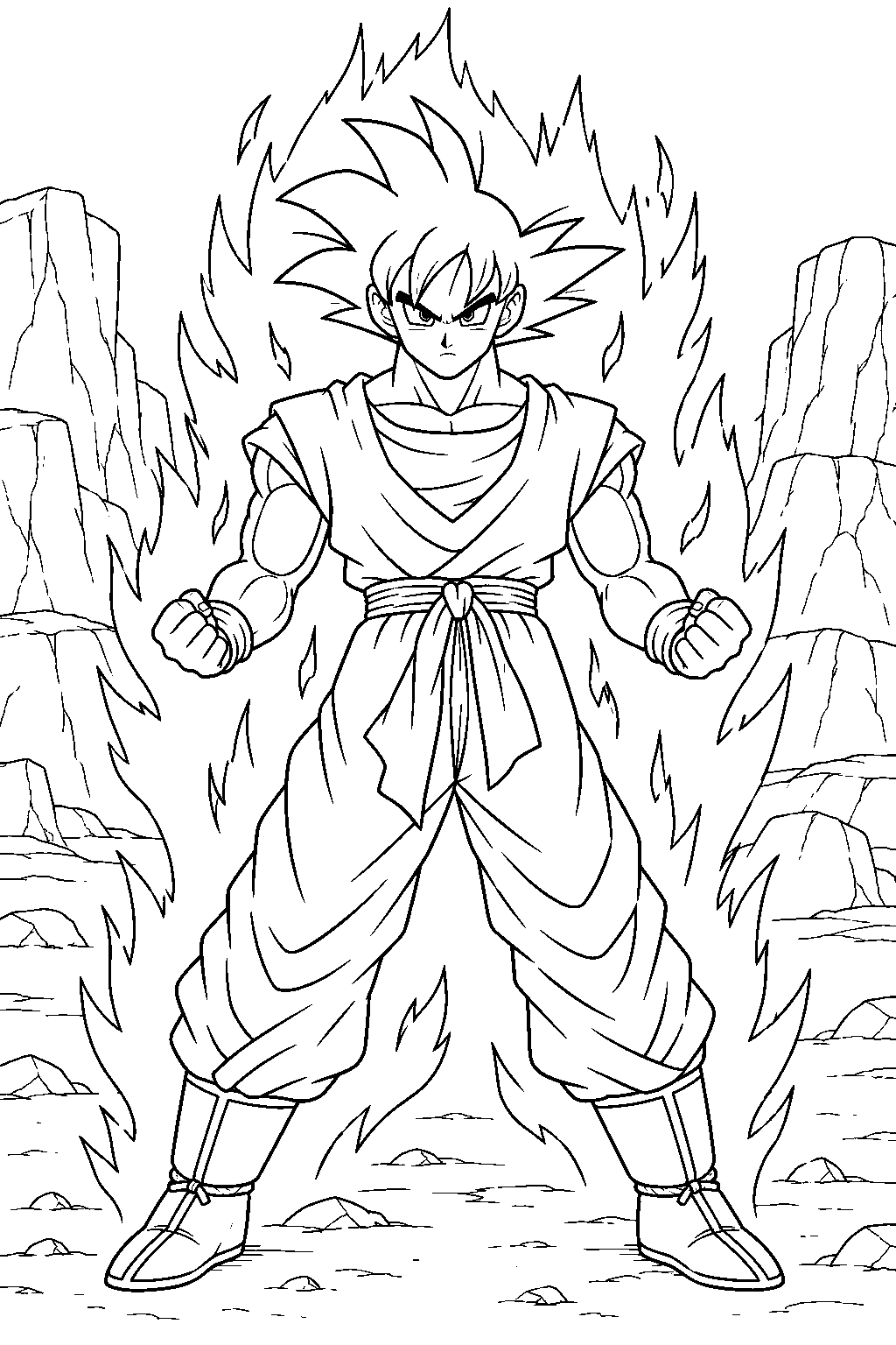 dragon ball z goku powering up with kaioken among the rocky cliffs line art