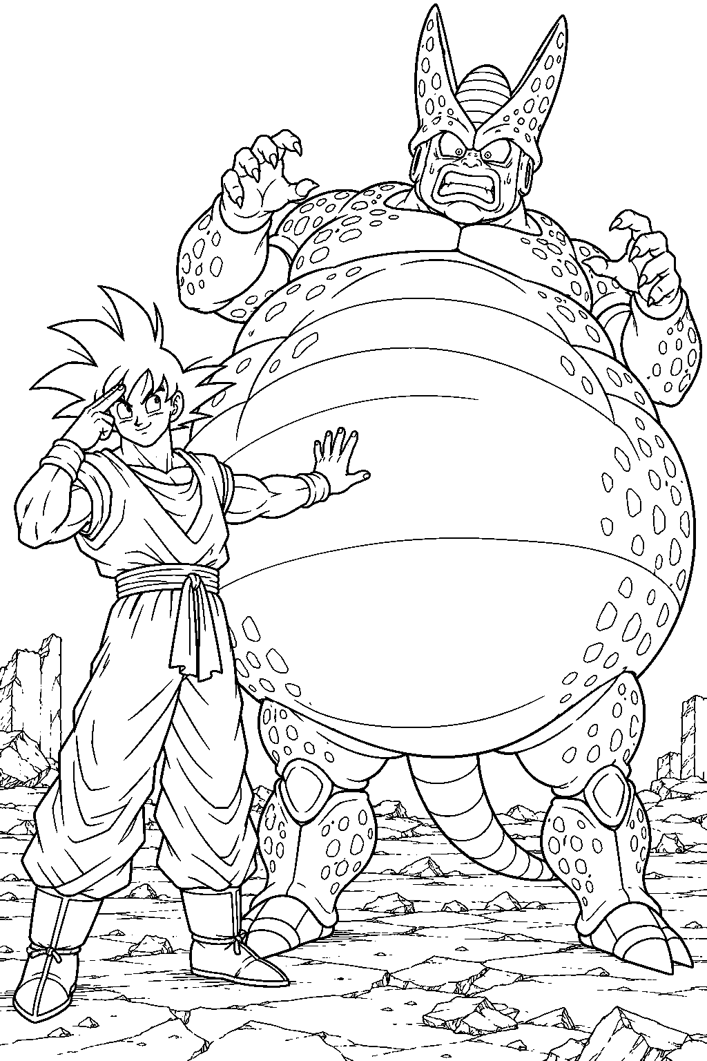 dragon ball z goku preparing to teleport the swollen cell away from the destroyed cell games battlefield line art
