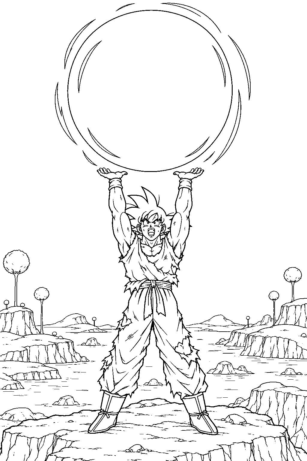 dragon ball z goku raising both arms to form a giant spirit bomb above namek line art