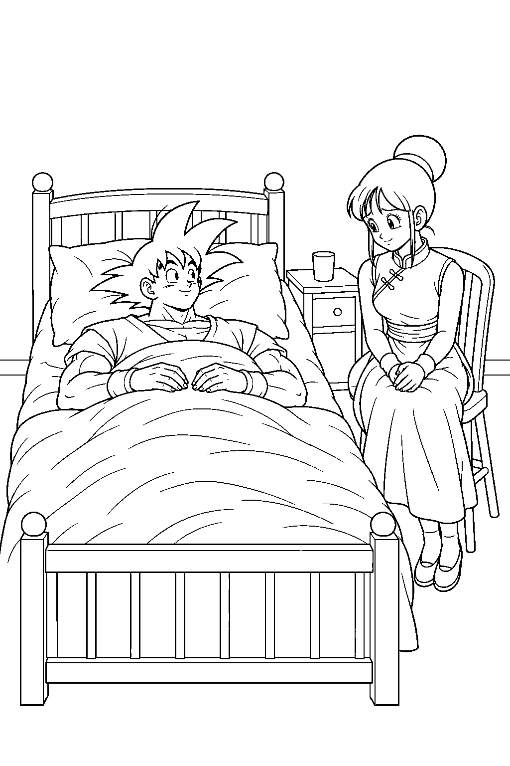 dragon ball z goku recovering from the heart virus in bed with chi chi beside him line art
