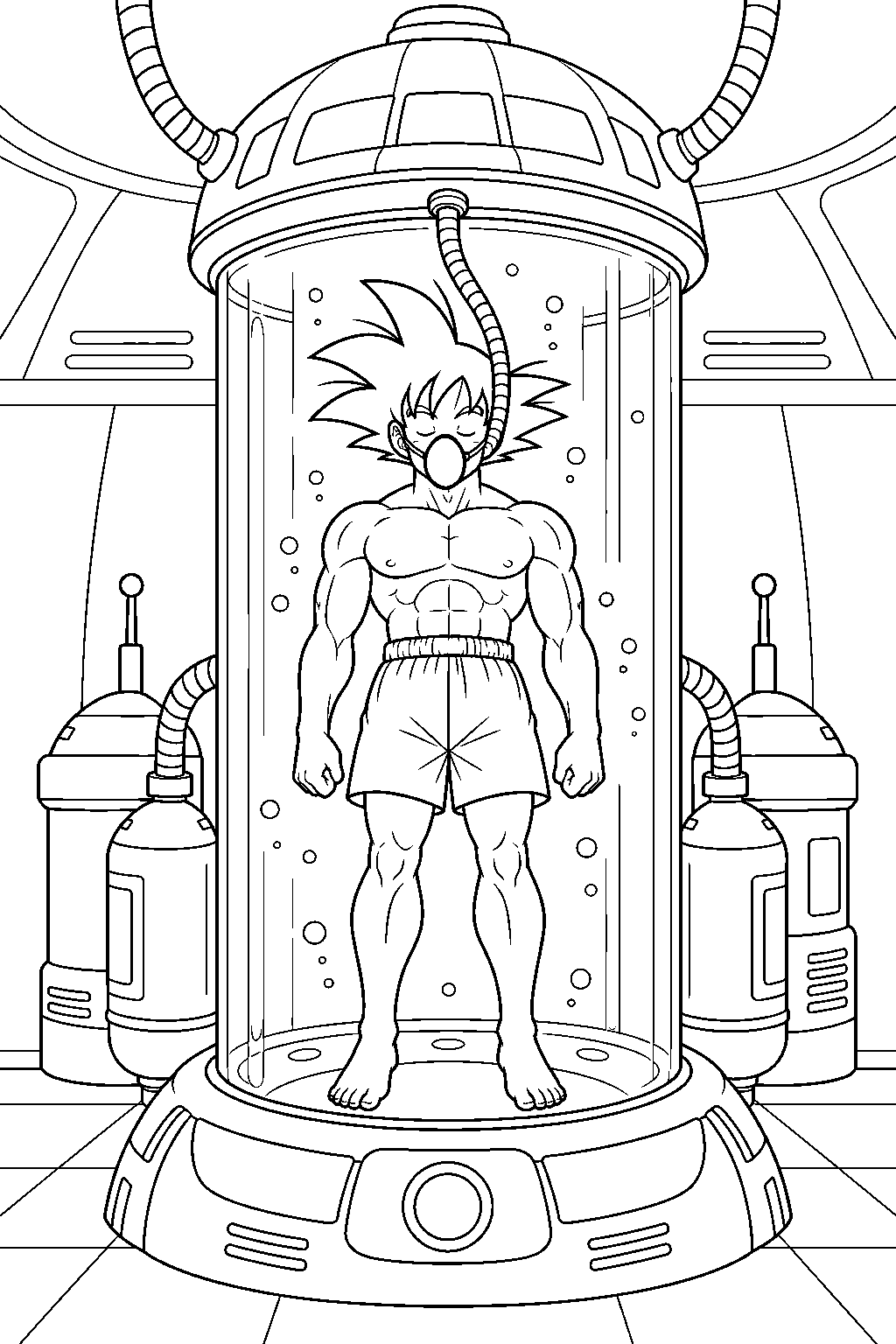 dragon ball z goku recovering inside a medical pod in frieza s spaceship line art