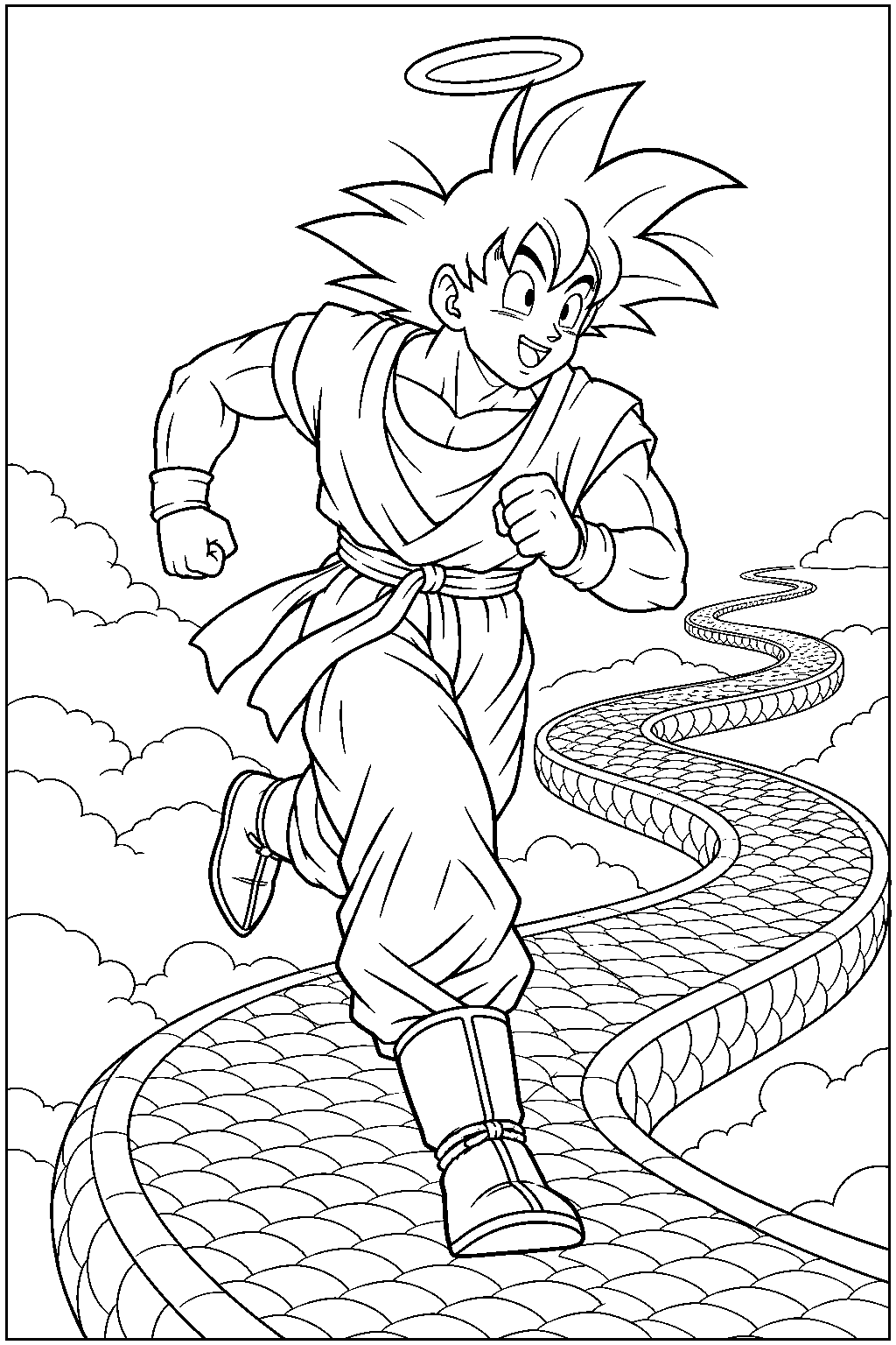 dragon ball z goku running along snake way with a halo above his head line art