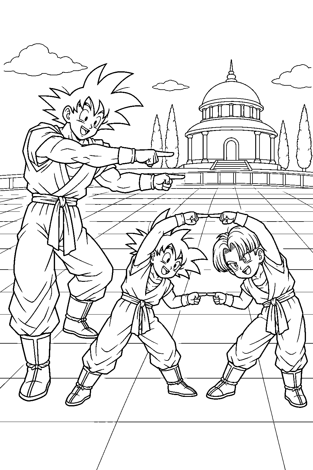 dragon ball z goku teaching goten and trunks the fusion dance at kami s lookout line art