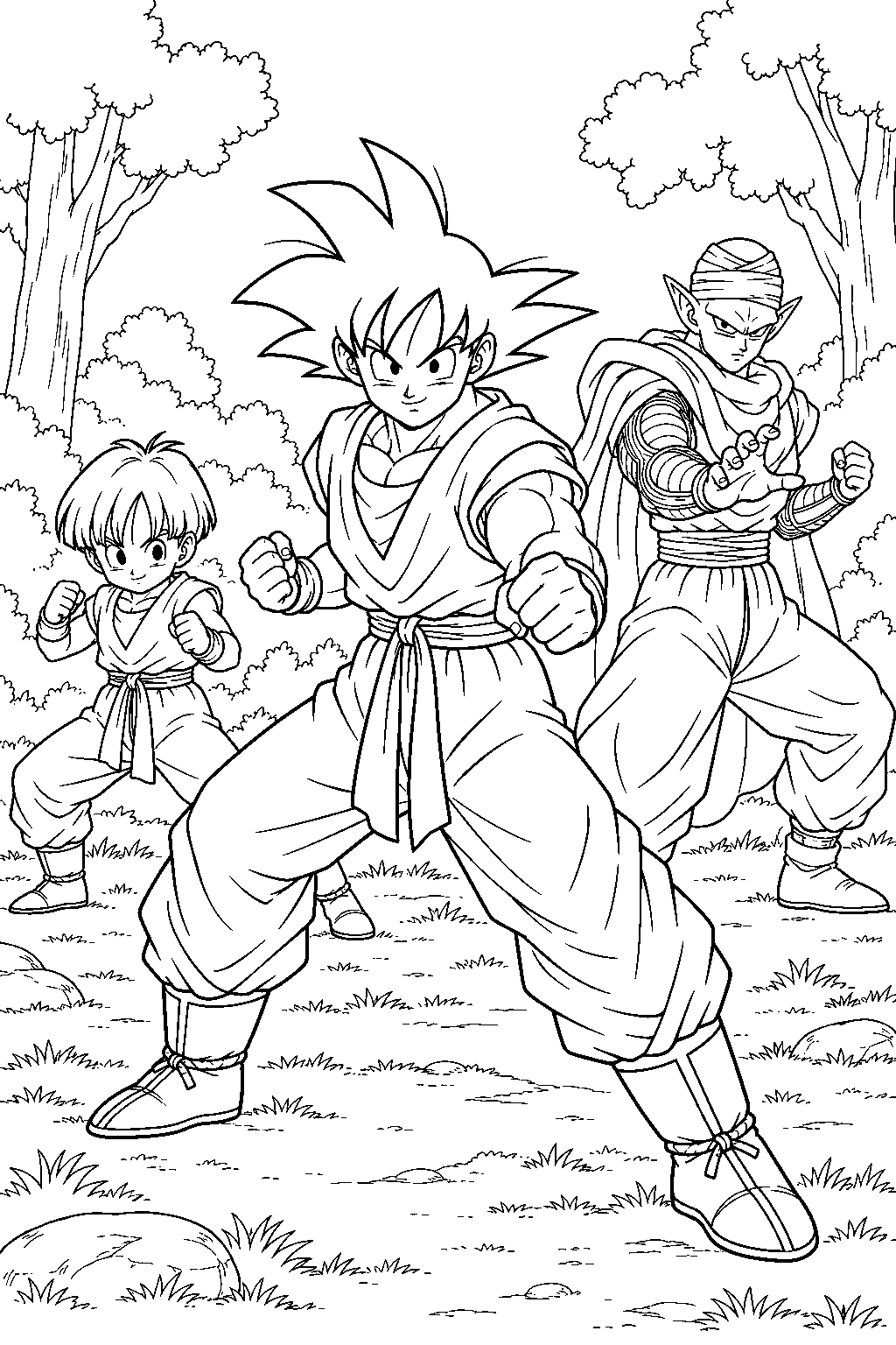 dragon ball z goku training with gohan and piccolo in a forest clearing line art