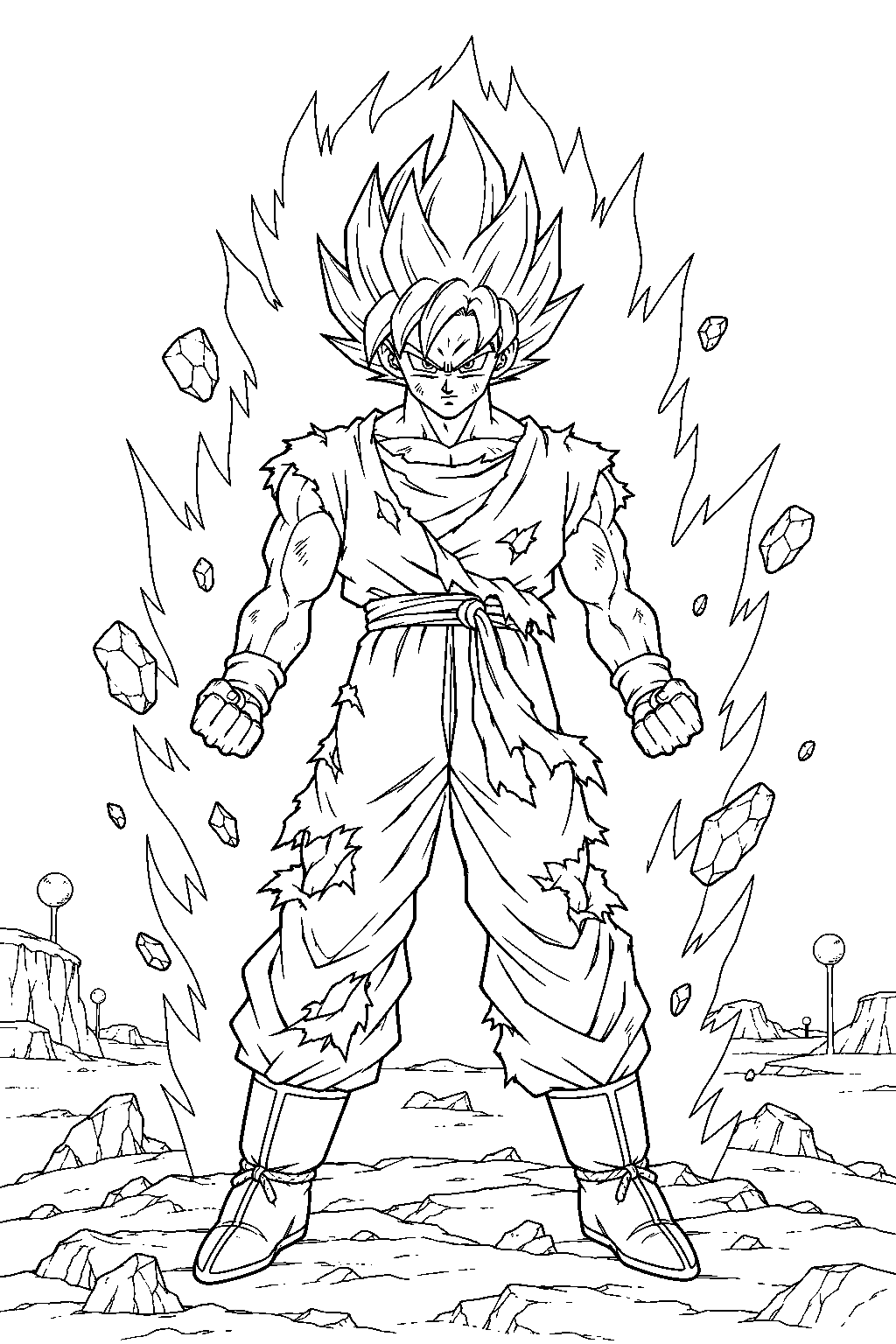 dragon ball z goku transforming into a super saiyan for the first time on namek line art