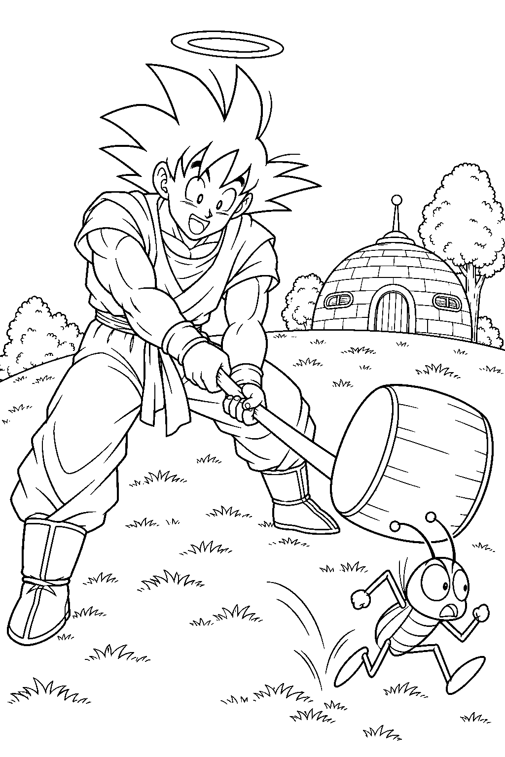 dragon ball z goku trying to tap gregory with a training hammer on king kai s planet line art