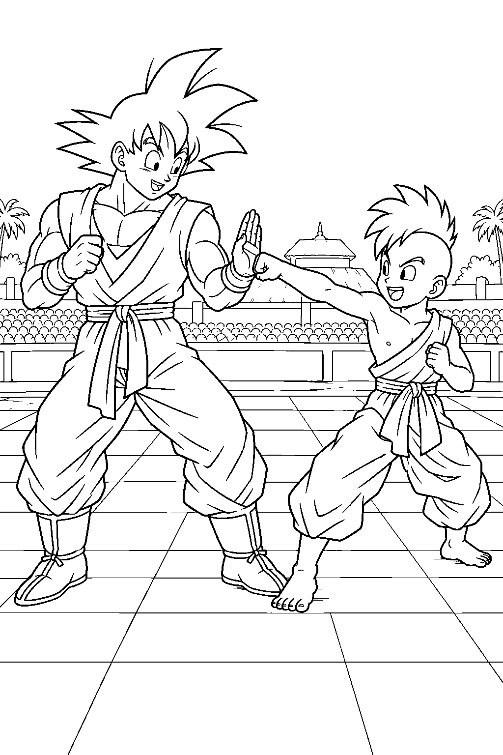dragon ball z goku wearing his sleeveless end of z gi and sparring with uub at the world tournament line art