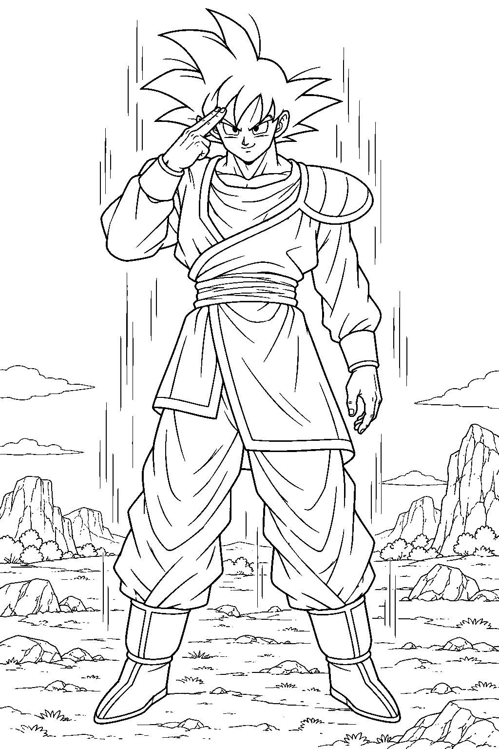 dragon ball z goku wearing his yardrat outfit and using instant transmission on earth line art