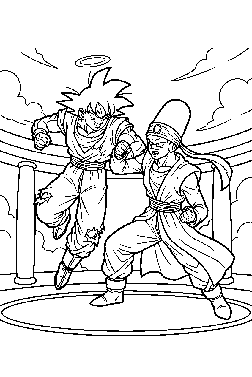 dragon ball z goku with a halo battling pikkon in the other world tournament arena line art